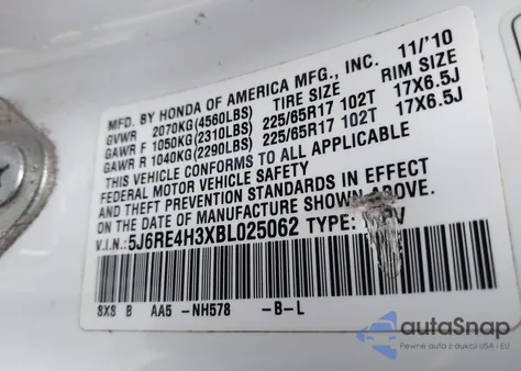 2011 Honda Cr-V Lx from USA, damaged, VIN 5J6RE4H3XBL025062